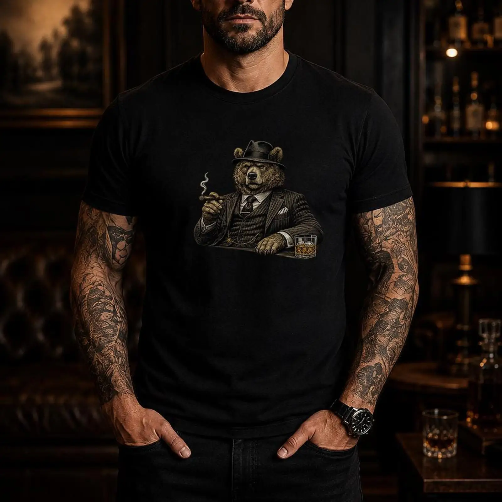 Vintage Fashion Illustrations - Dapper Bear Smoking Cigar T Shirt