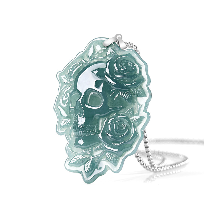 Vintage Fashion Luxury - Natural Burmese Jadeite Skull Pendant Necklace